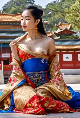 boucles d’oreilles suspendues en or, photo d’une belle princesse chinoise montrant son vagin et ses seins