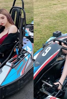 La fille aux gros seins super chaude « Olivia Lin Yi » porte des pantalons chauds et conduit un kart à pédales sur la piste de course (15P)