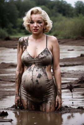 Marilyn enceinte dans la boue (générée par l'IA)